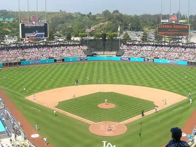 A game in progress at Dodger Stadium in Los Angeles, photographed from the stands, in May 2006, a file photograph of the ballpark and not from Wednesday's NLCS Game 3
