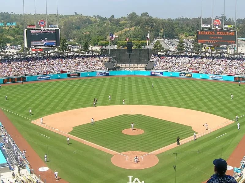 A game in progress at Dodger Stadium in Los Angeles, photographed from the stands, in May 2006, a file photograph of the ballpark and not from Wednesday's NLCS Game 3