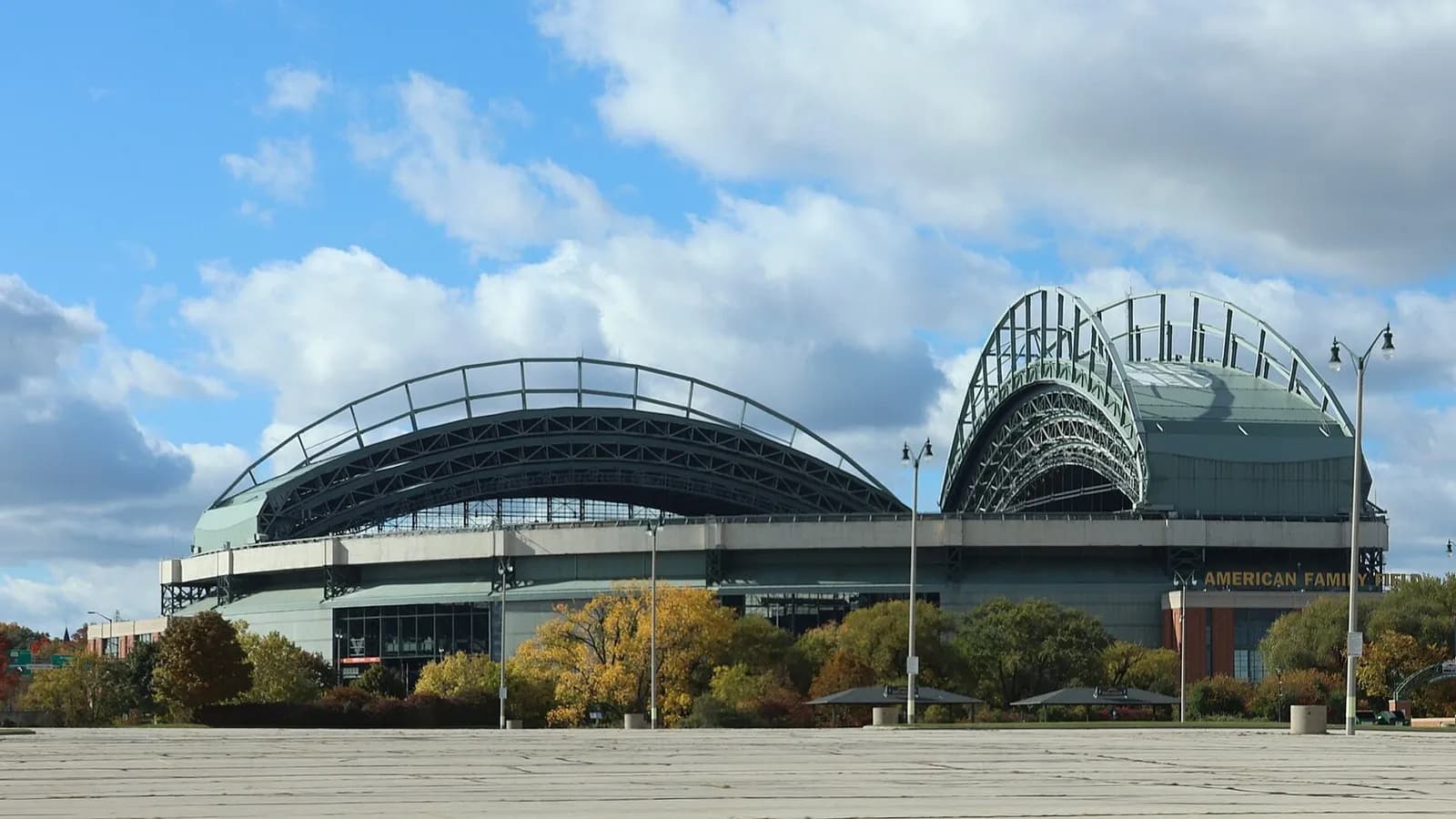 American Family Field, the Milwaukee Brewers' ballpark, with its retractable roof, photographed in October 2023, a file photograph and not from this week's games at Dodger Stadium or Tampa