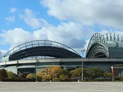 American Family Field, the Milwaukee Brewers' ballpark, with its retractable roof, photographed in October 2023, a file photograph and not from this week's games at Dodger Stadium or Tampa