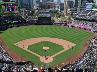 Petco Park in San Diego during a Padres game, photographed in July 2019, a file photograph of the ballpark where the Brewers clinched their series and not of that game