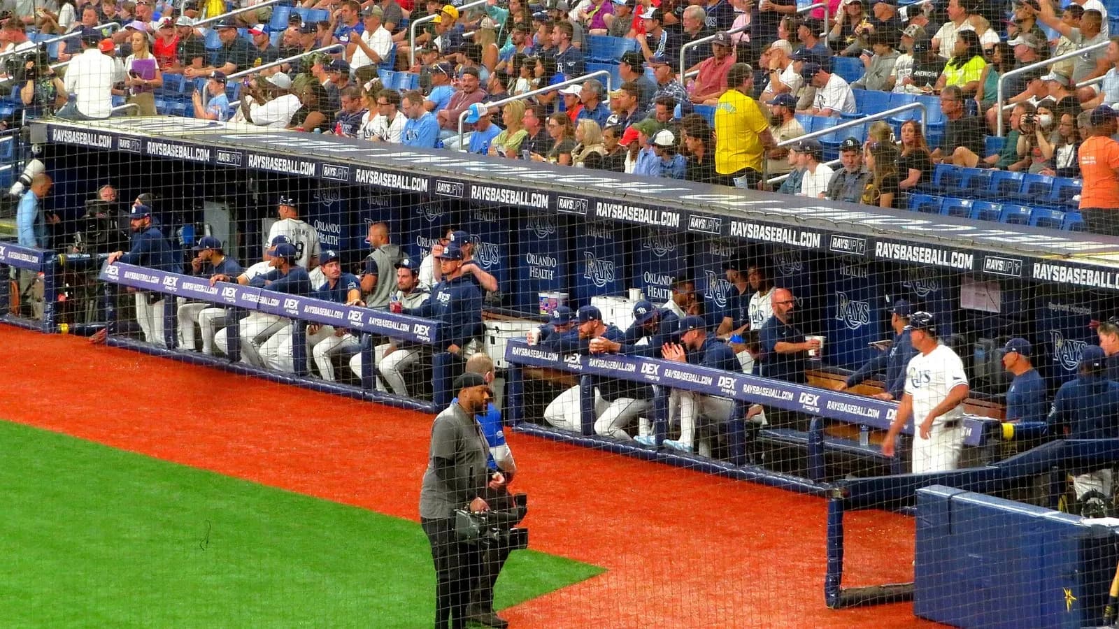 The Tampa Bay Rays dugout at Tropicana Field in St. Petersburg during a home game against the Texas Rangers, photographed on 1 April 2024, a file photograph of the team's dugout and not of World Series Game 2 in Milwaukee