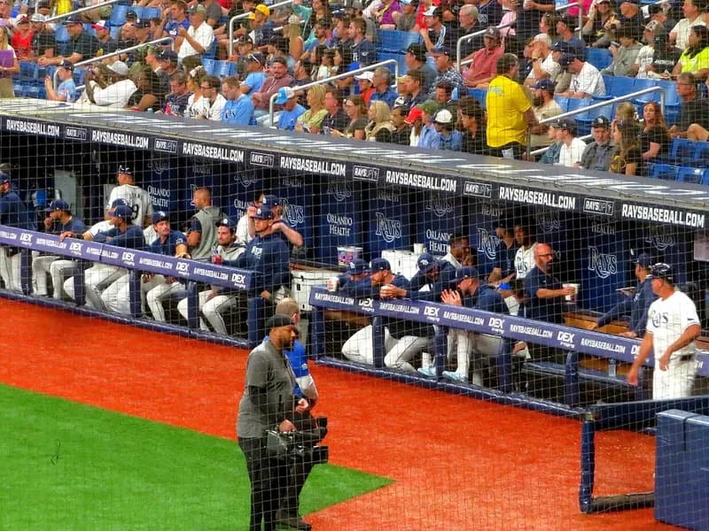 The Tampa Bay Rays dugout at Tropicana Field in St. Petersburg during a home game against the Texas Rangers, photographed on 1 April 2024, a file photograph of the team's dugout and not of World Series Game 2 in Milwaukee