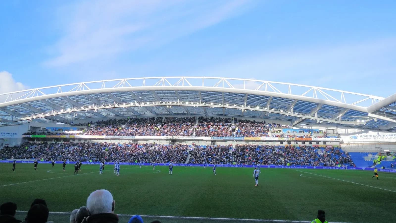 The Amex Stadium in Brighton with its curved roof over a stand of spectators, photographed on 22 February 2014, a file photograph of the ground and not from Sunday's match