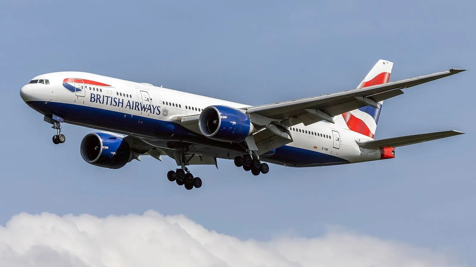 A British Airways Boeing 777-200ER on final approach with landing gear down against a blue sky, photographed on 30 April 2025, a file photograph of the aircraft type and not of the Colombo inaugural flight