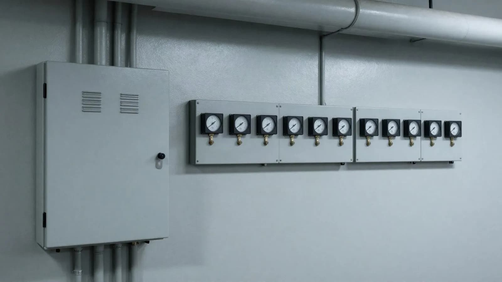 A control panel and a bank of gauges in a building services plant room