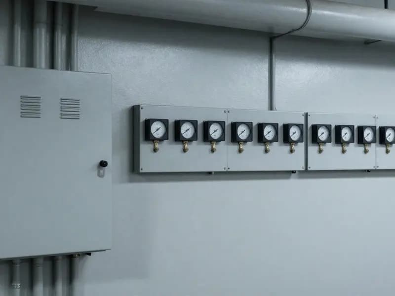 A control panel and a bank of gauges in a building services plant room