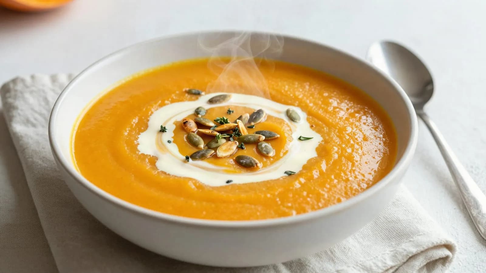 An AI-generated illustration of a bowl of creamy butternut squash and apple soup topped with pumpkin seeds and a cream swirl