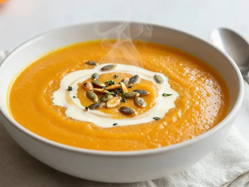 An AI-generated illustration of a bowl of creamy butternut squash and apple soup topped with pumpkin seeds and a cream swirl