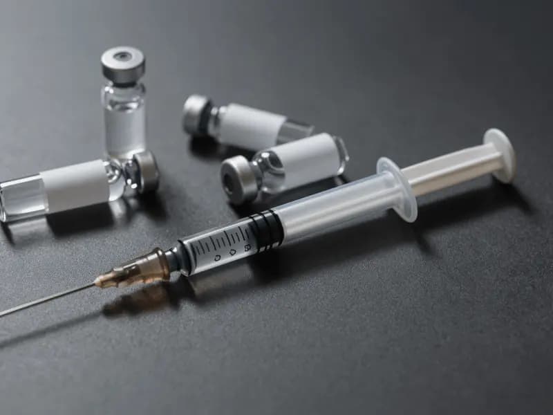 Small unlabelled vials and an insulin syringe on a plain surface
