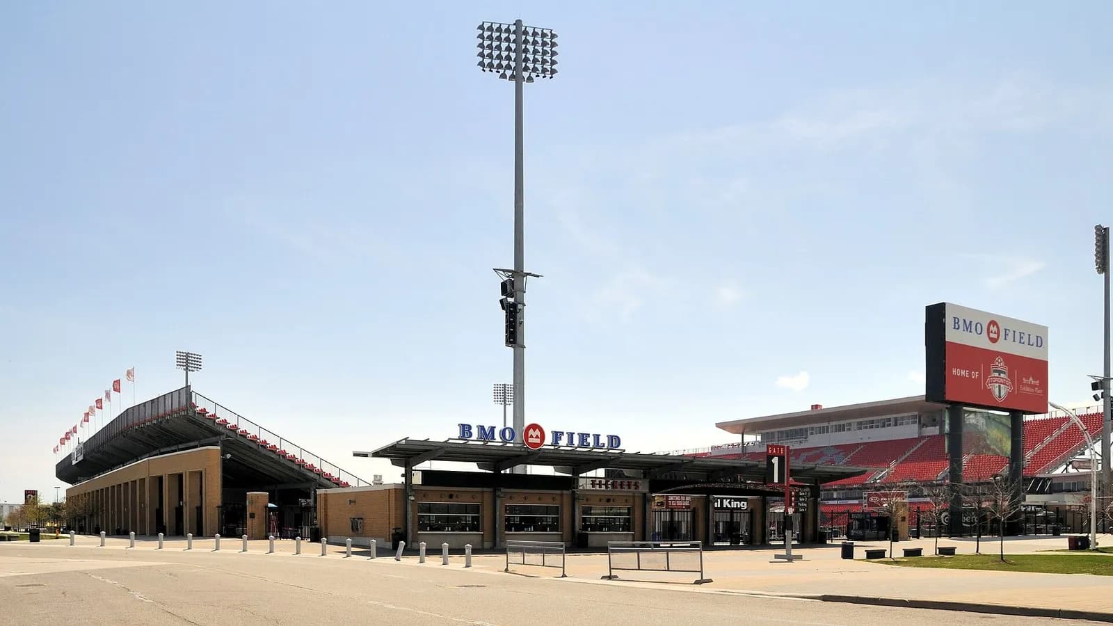 The entrance and grandstand of BMO Field in Toronto under a clear sky, photographed on 8 May 2009, a file photograph of the stadium and not from Friday's match