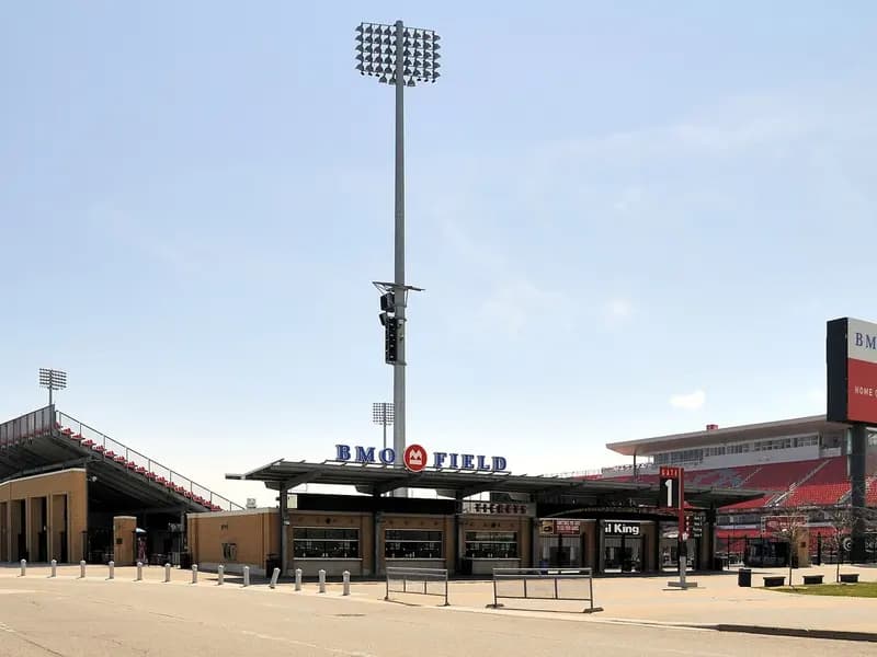 The entrance and grandstand of BMO Field in Toronto under a clear sky, photographed on 8 May 2009, a file photograph of the stadium and not from Friday's match