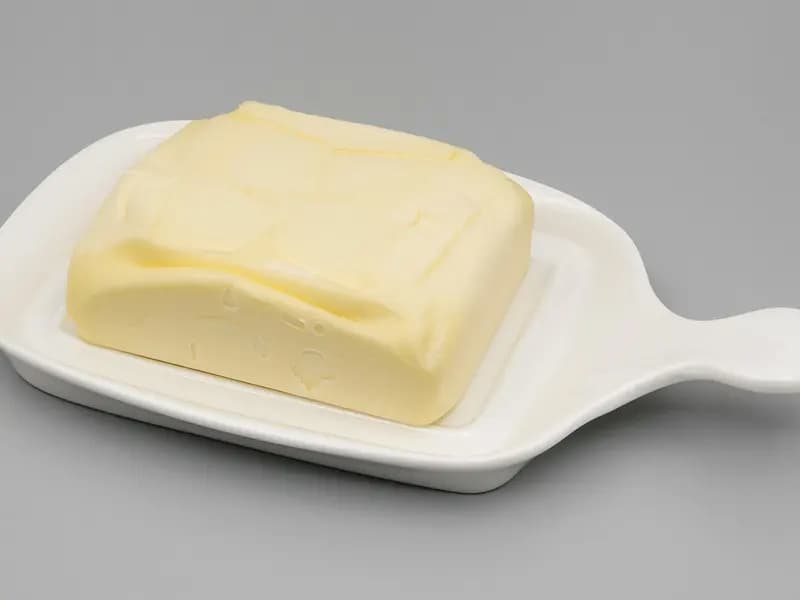 A rectangular block of pale yellow butter on a white dish against a grey background, photographed on 14 May 2023, a file photograph illustrative of foods high in saturated fat and not of the trial's diets
