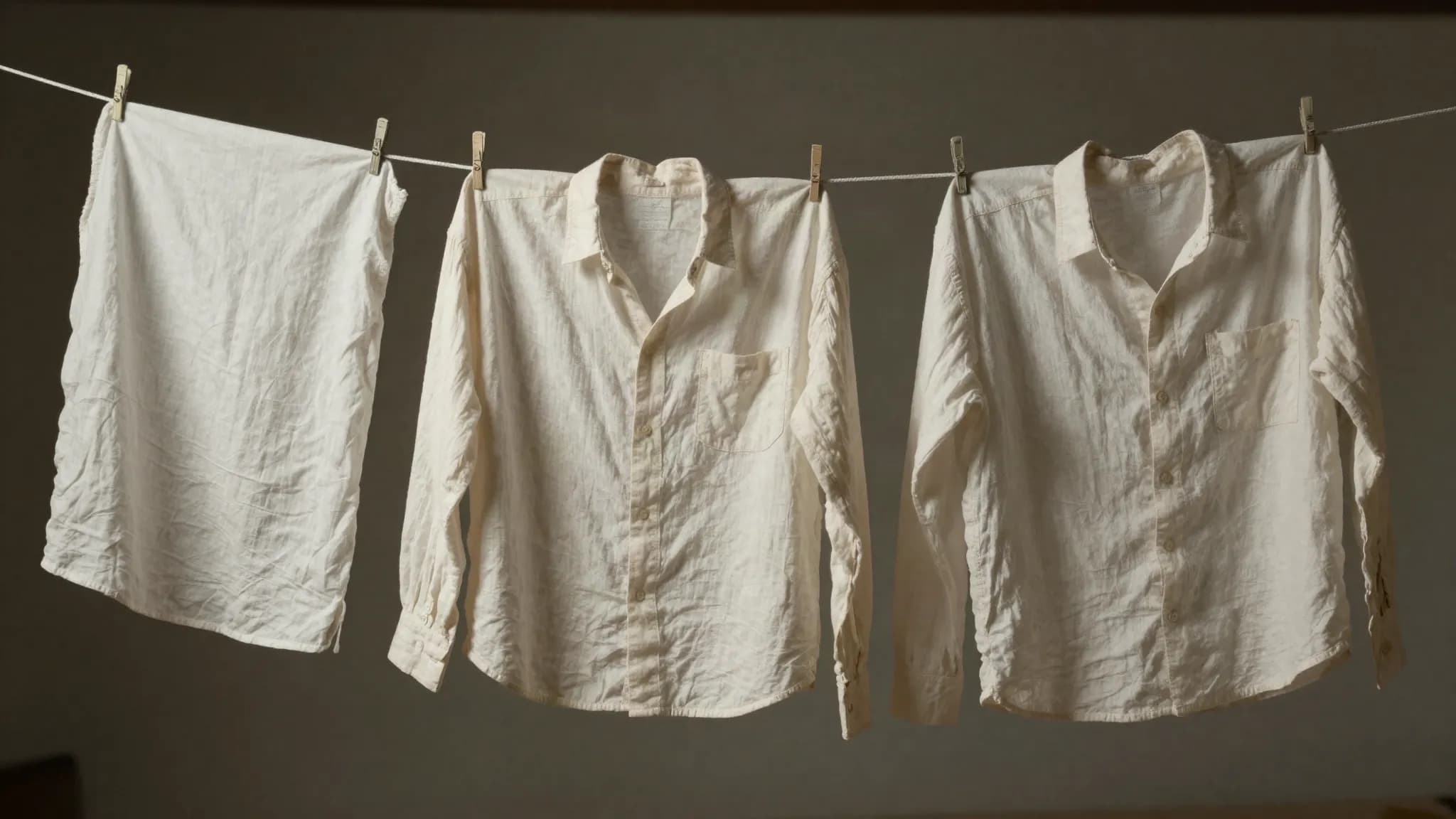 Pale linen shirts drying on a line in shade