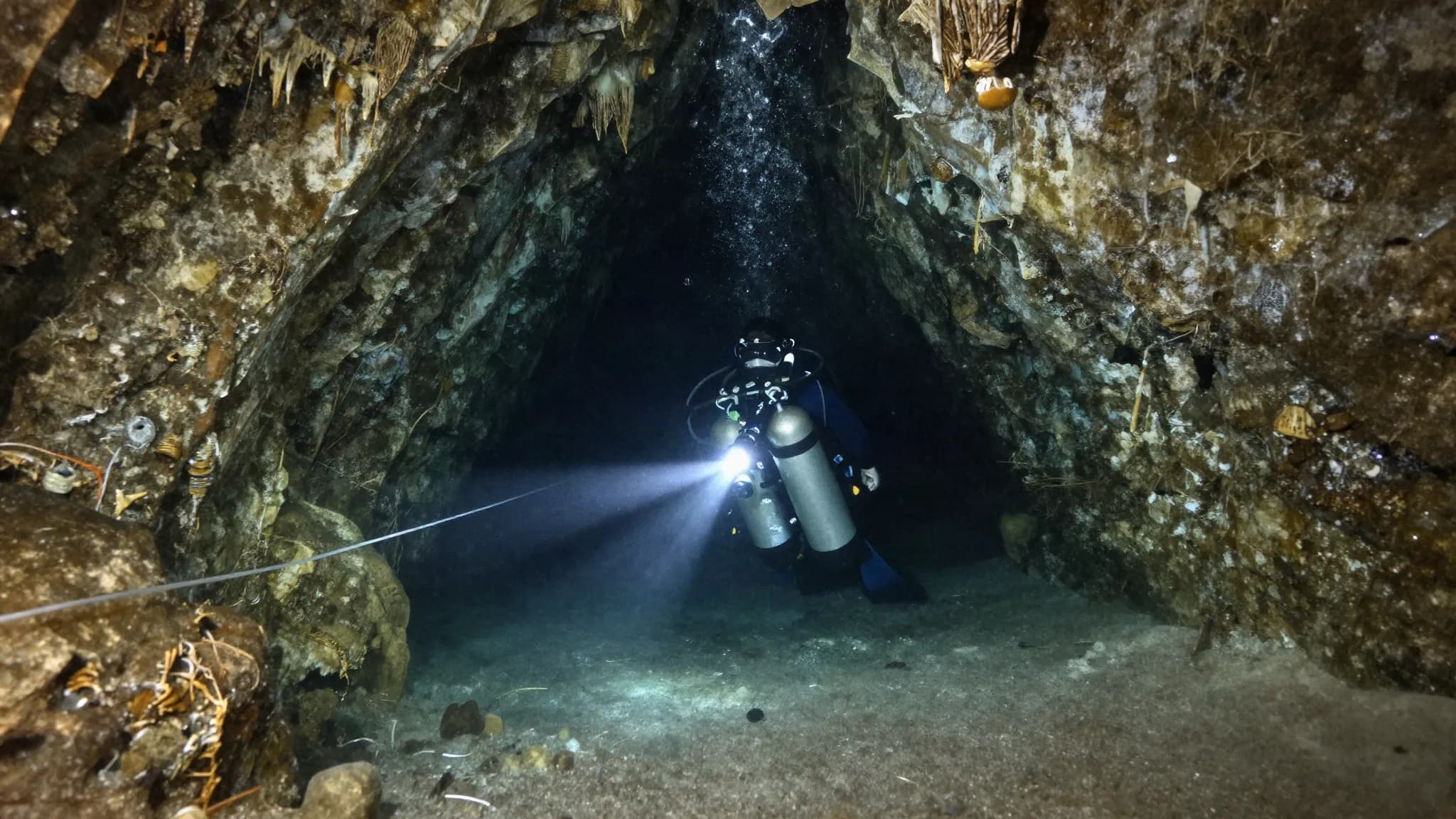A technical diver following a guideline in a flooded cave