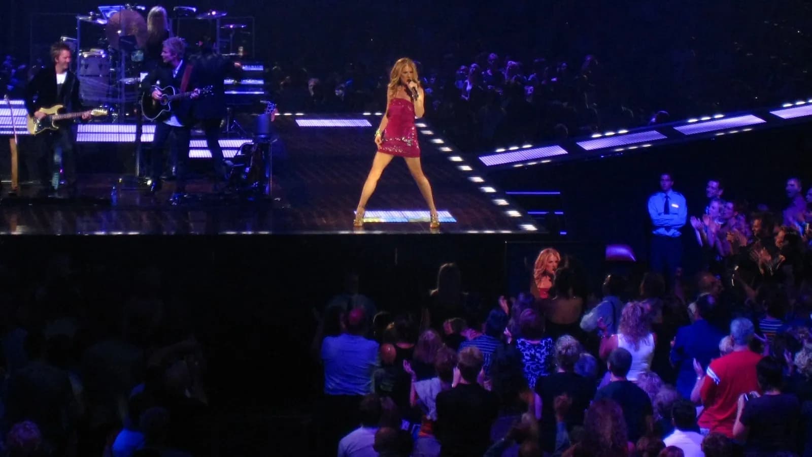Celine Dion performing on stage, illustrative of the singer who closed L'Oreal's Paris Fashion Week show and not a photograph of that performance, photographed in 2008