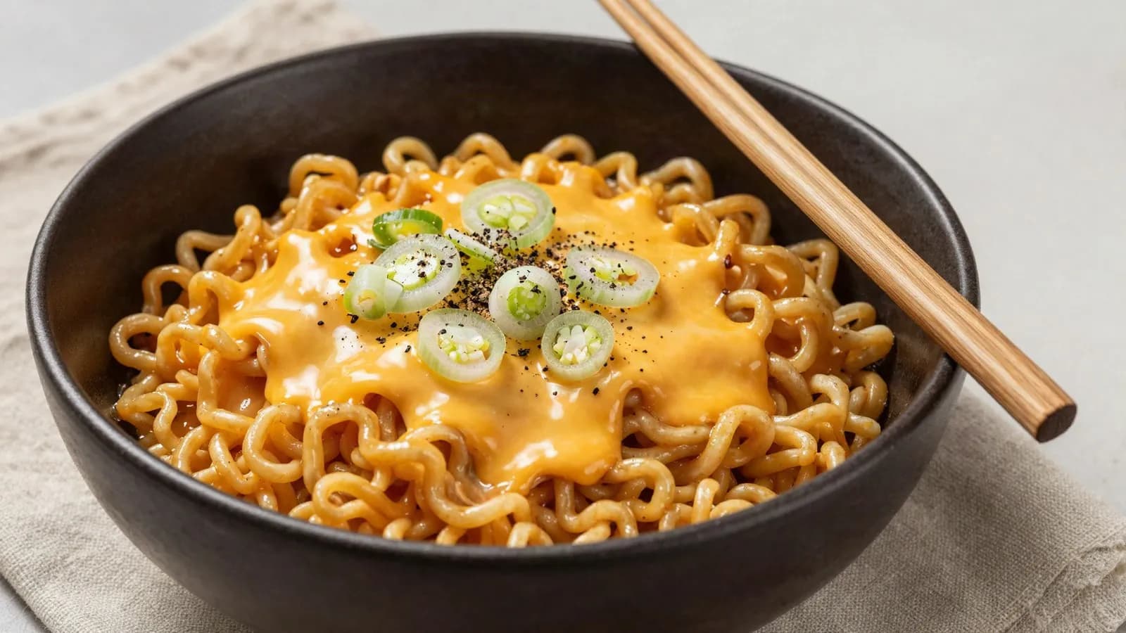 A generated illustration of a bowl of instant noodles coated in cheddar sauce with spring onions, not a photograph of any branded product
