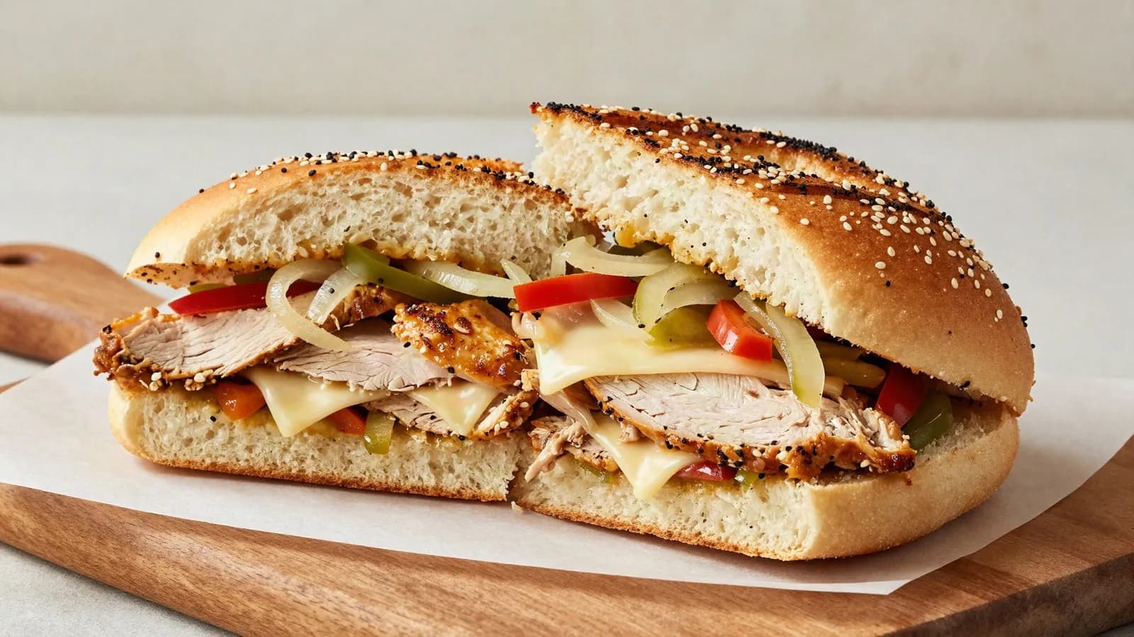 Editorial illustration of a chicken cheesesteak: sliced chicken, onions, peppers and melted cheese in a toasted sesame roll, cut in half on a wooden board.