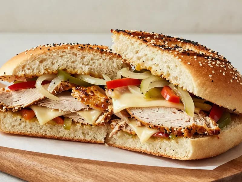 Editorial illustration of a chicken cheesesteak: sliced chicken, onions, peppers and melted cheese in a toasted sesame roll, cut in half on a wooden board.