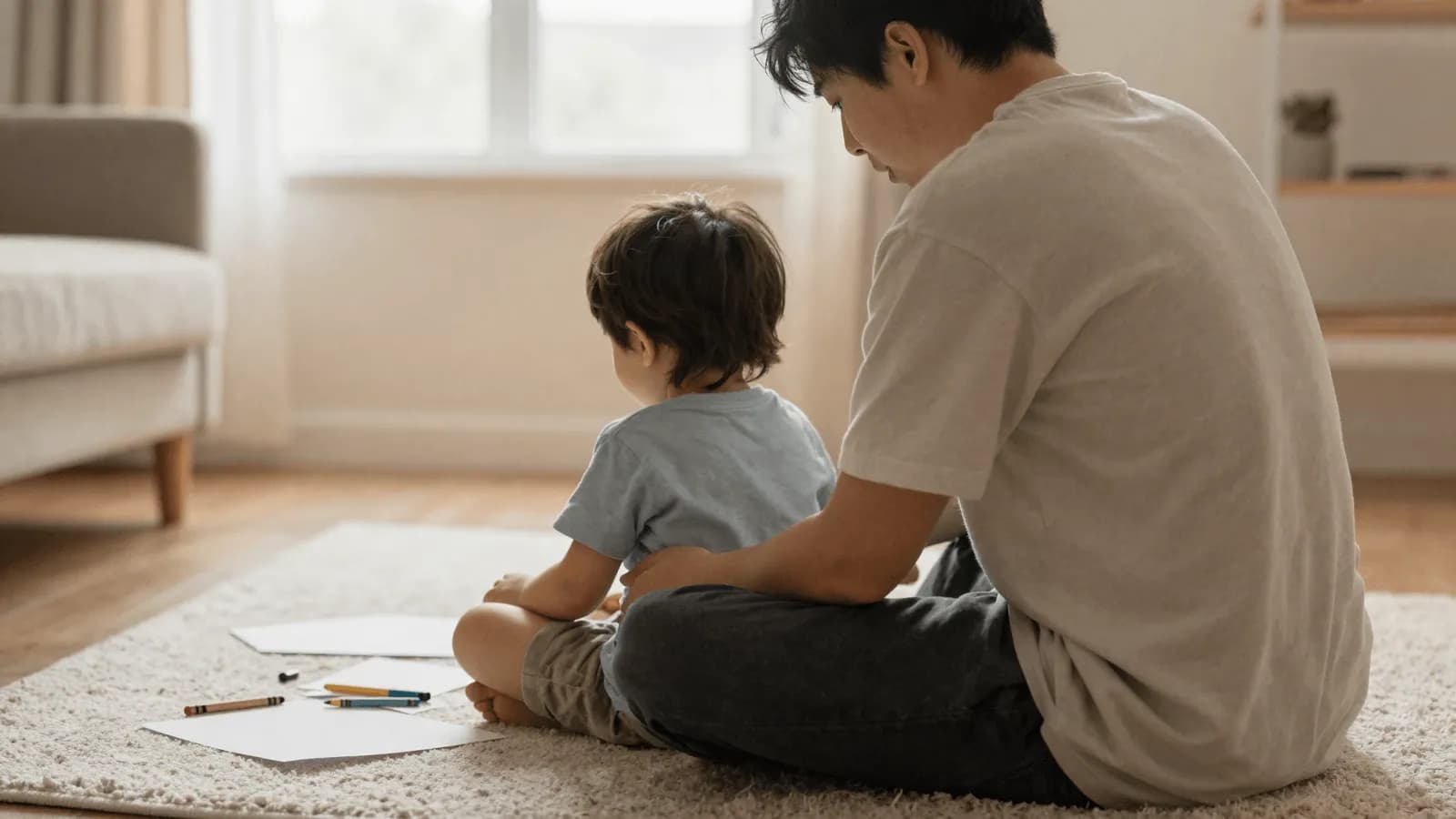 A parent sitting on the floor talking with a young child at home