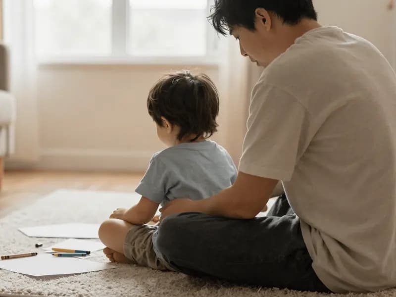 A parent sitting on the floor talking with a young child at home