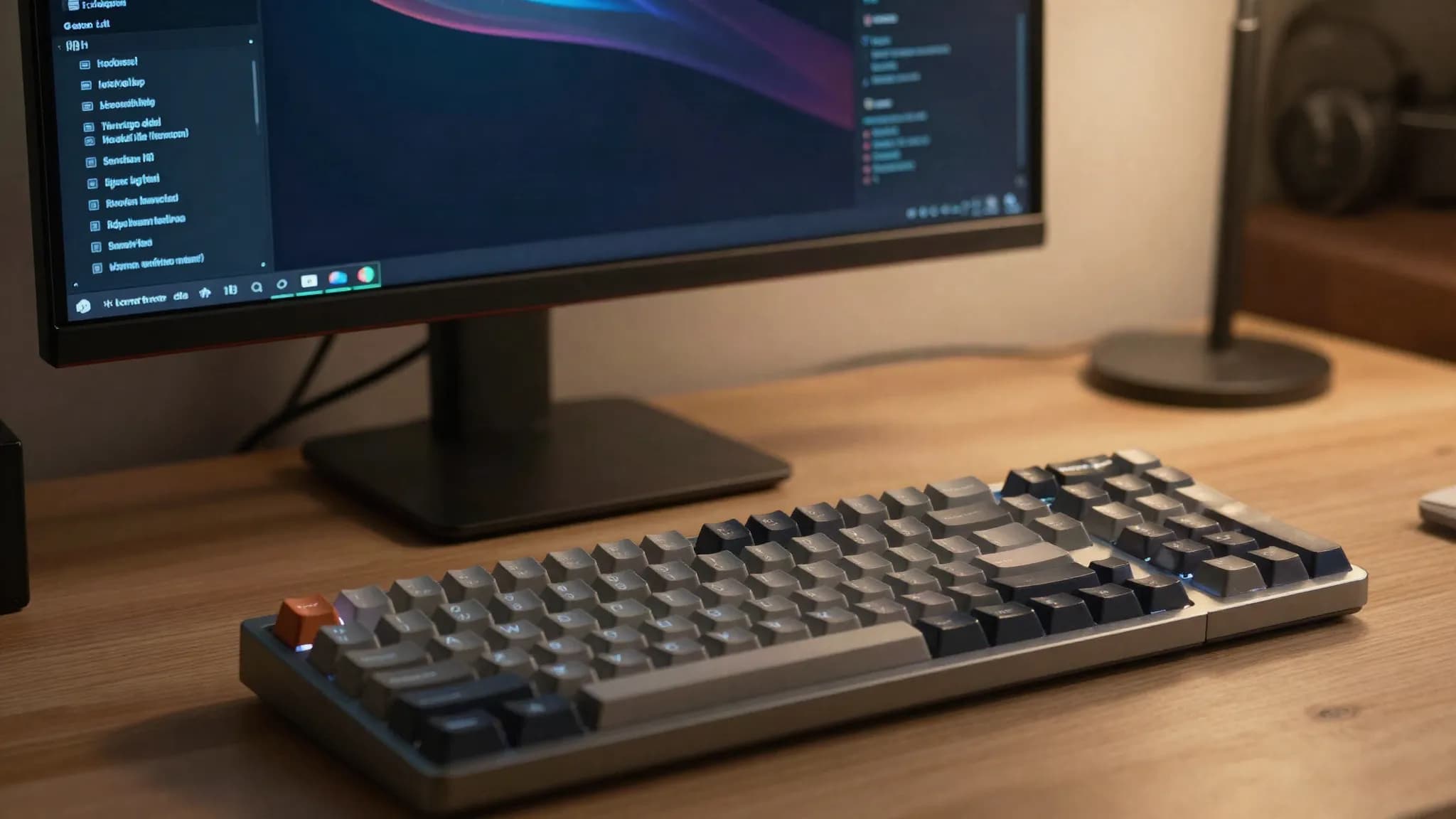 A keyboard and monitor showing an abstract terminal