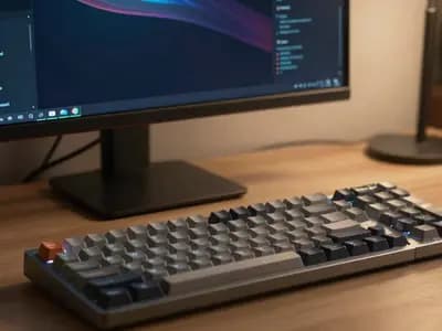 A keyboard and monitor showing an abstract terminal