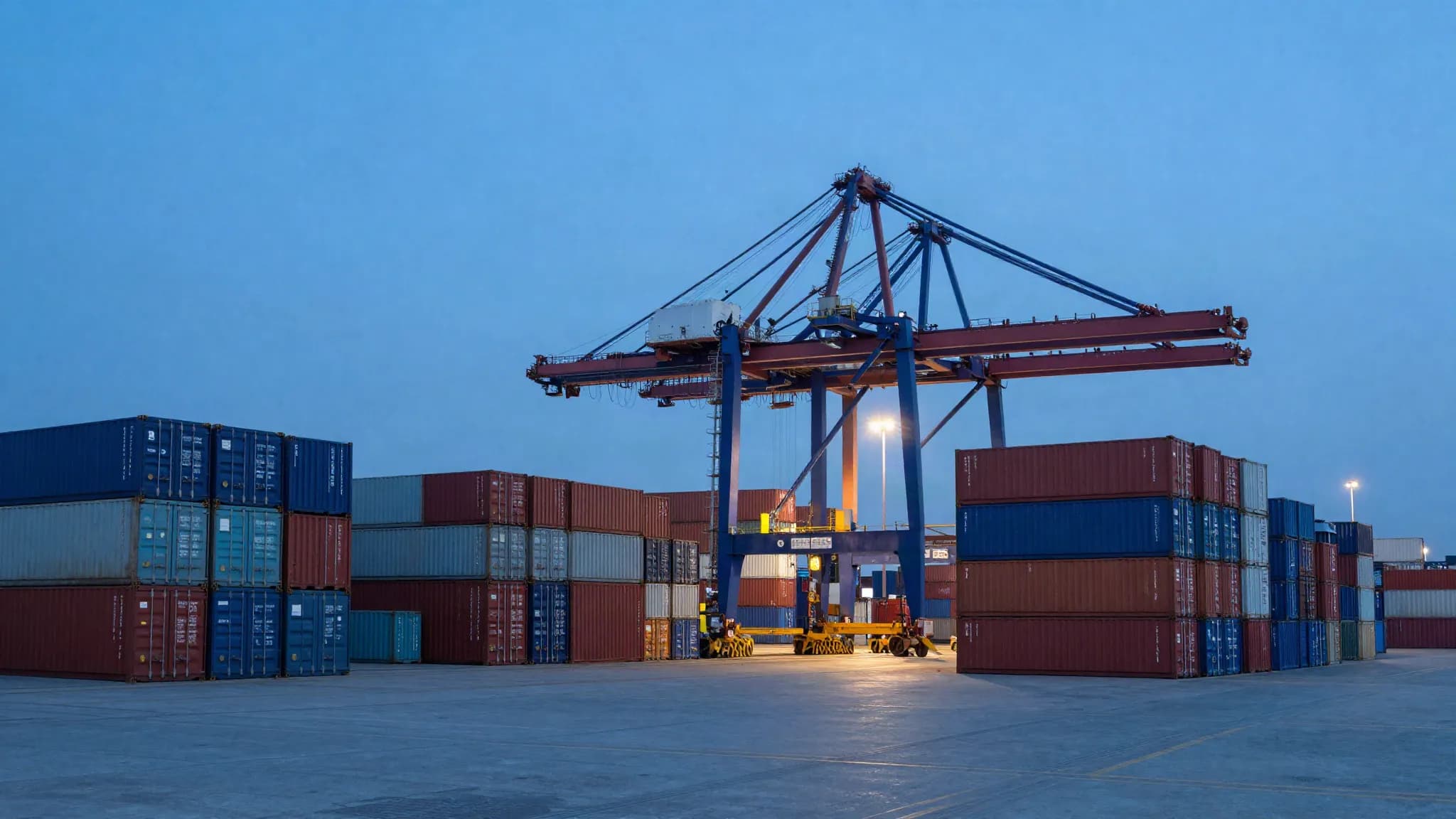 A container port terminal with a gantry crane at dusk