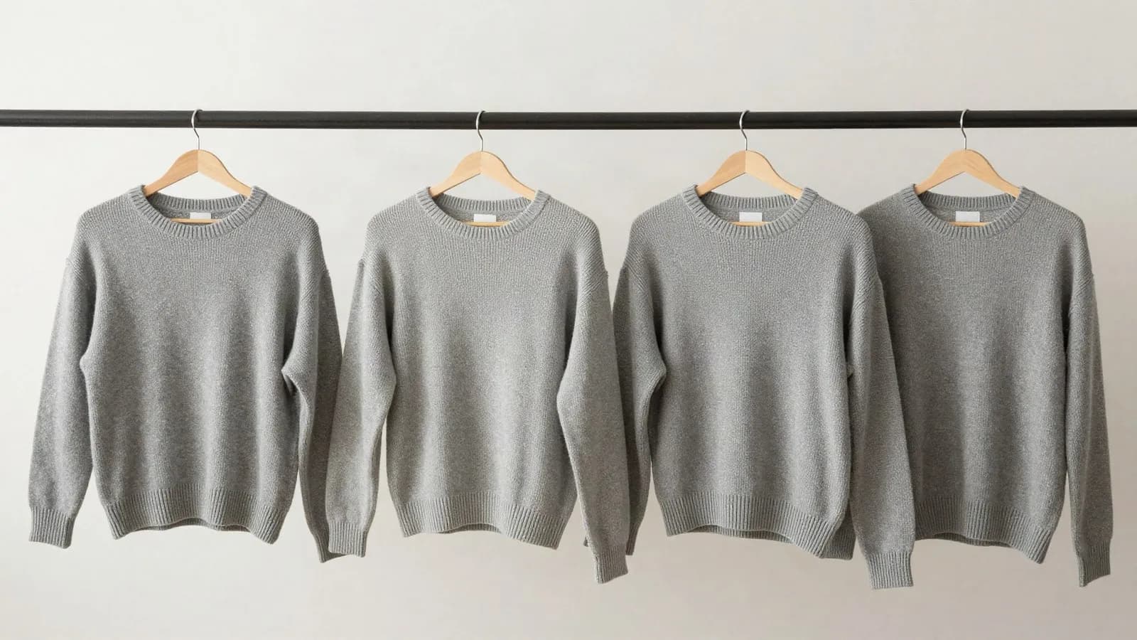 Identical grey jumpers on a rail, each a visibly different width