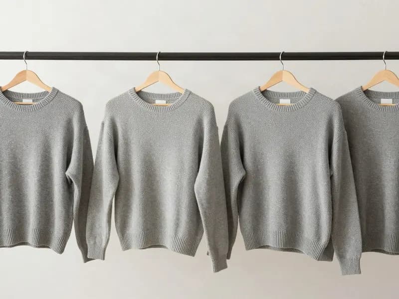 Identical grey jumpers on a rail, each a visibly different width