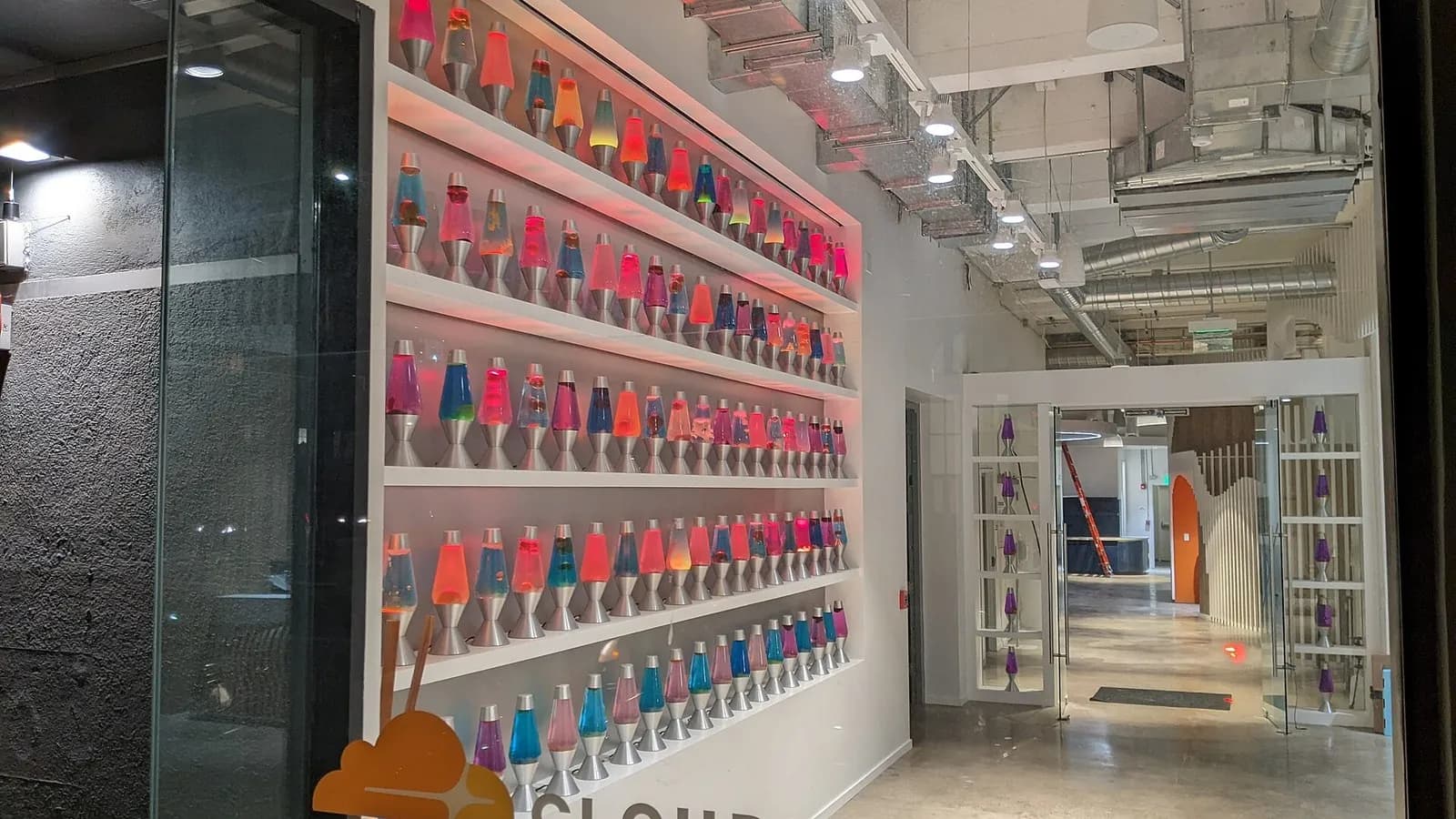 The wall of lava lamps in the lobby of a Cloudflare office, photographed in December 2021, a file photograph of the company's offices and not of the Deno announcement