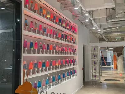 The wall of lava lamps in the lobby of a Cloudflare office, photographed in December 2021, a file photograph of the company's offices and not of the Deno announcement