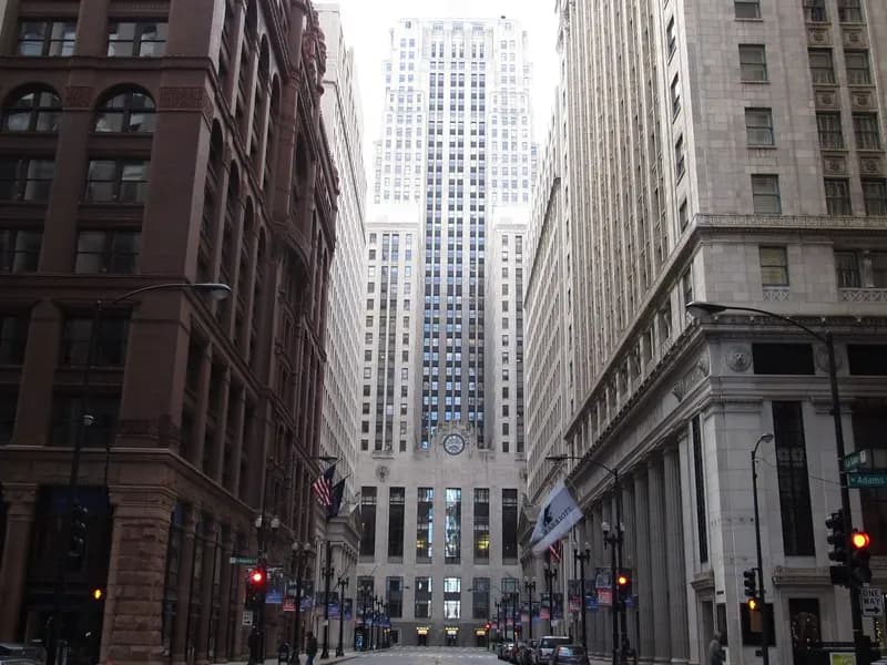 The Chicago Board of Trade building seen down LaSalle Street between the surrounding blocks, the home of CME Group