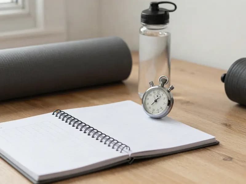 A stopwatch and training notebook on a floor beside an exercise mat