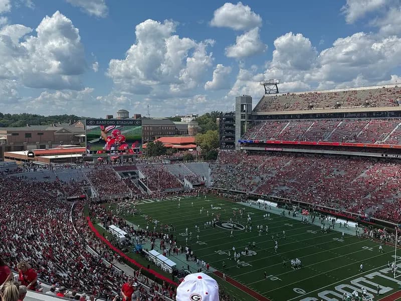 Sanford Stadium in Athens, Georgia, with fans in the stands and players on the field under a partly cloudy sky, photographed on 30 August 2025, a file photograph of the ground and not from Saturday's loss to Auburn