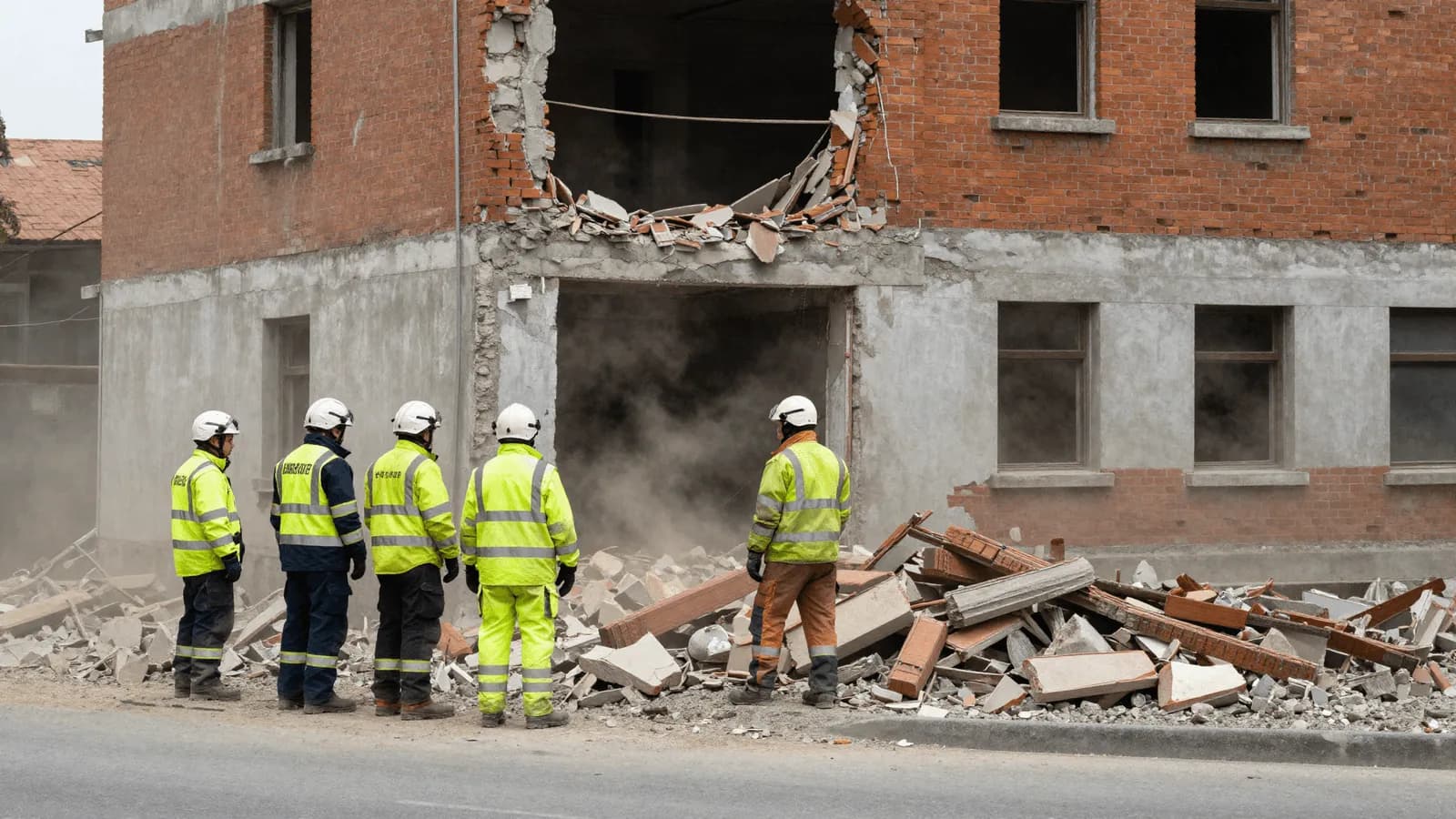 Emergency responders working beside a collapsed masonry building after an earthquake