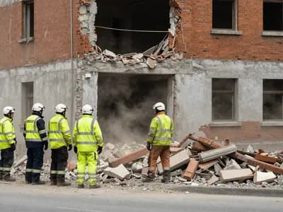 Emergency responders working beside a collapsed masonry building after an earthquake