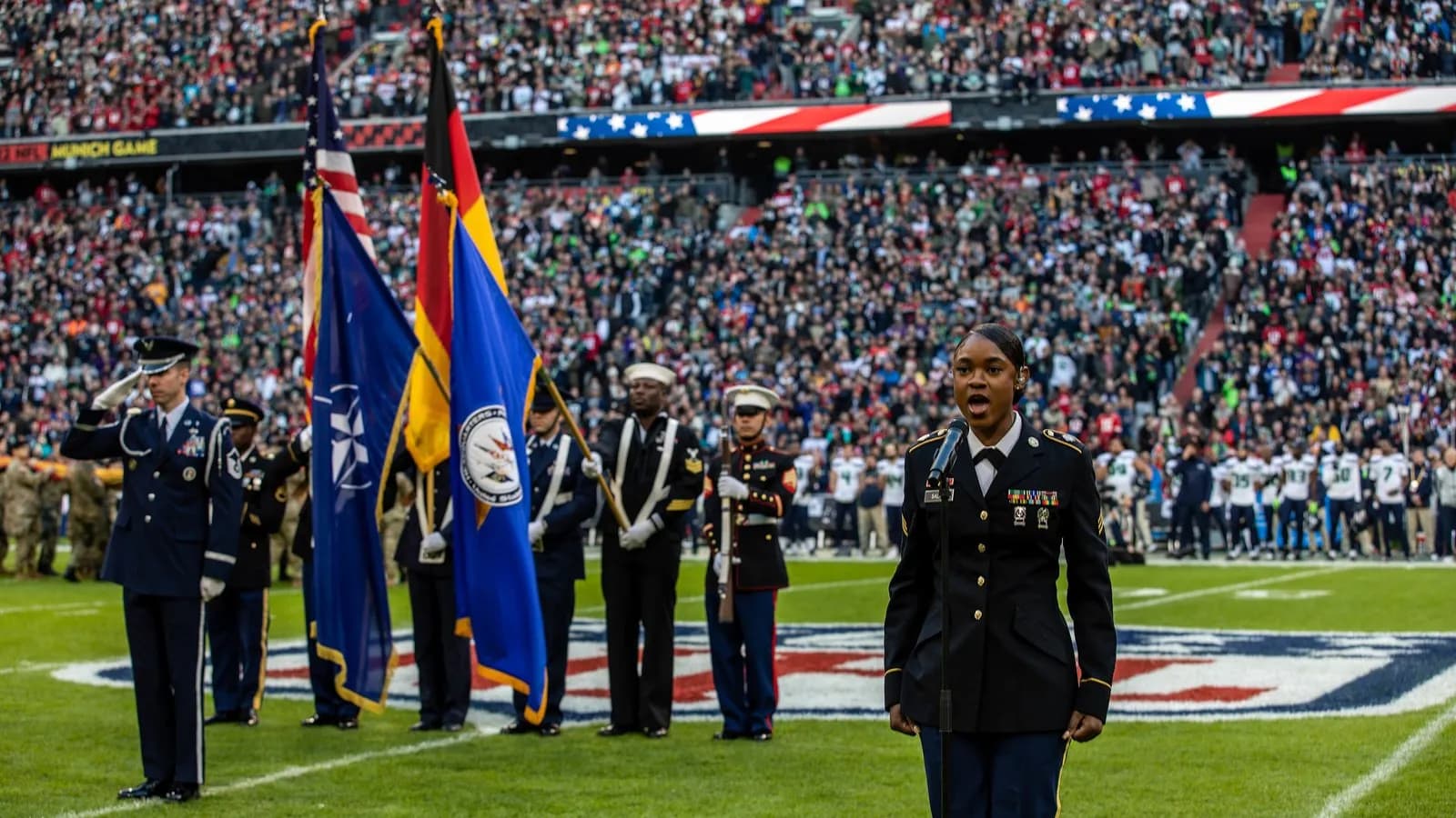 A National Football League game in Germany, illustrative of NFL play and not the Commanders-Seahawks game itself, photographed in November 2022