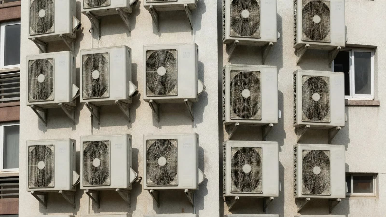 Air conditioning condenser units mounted on the side of an apartment building