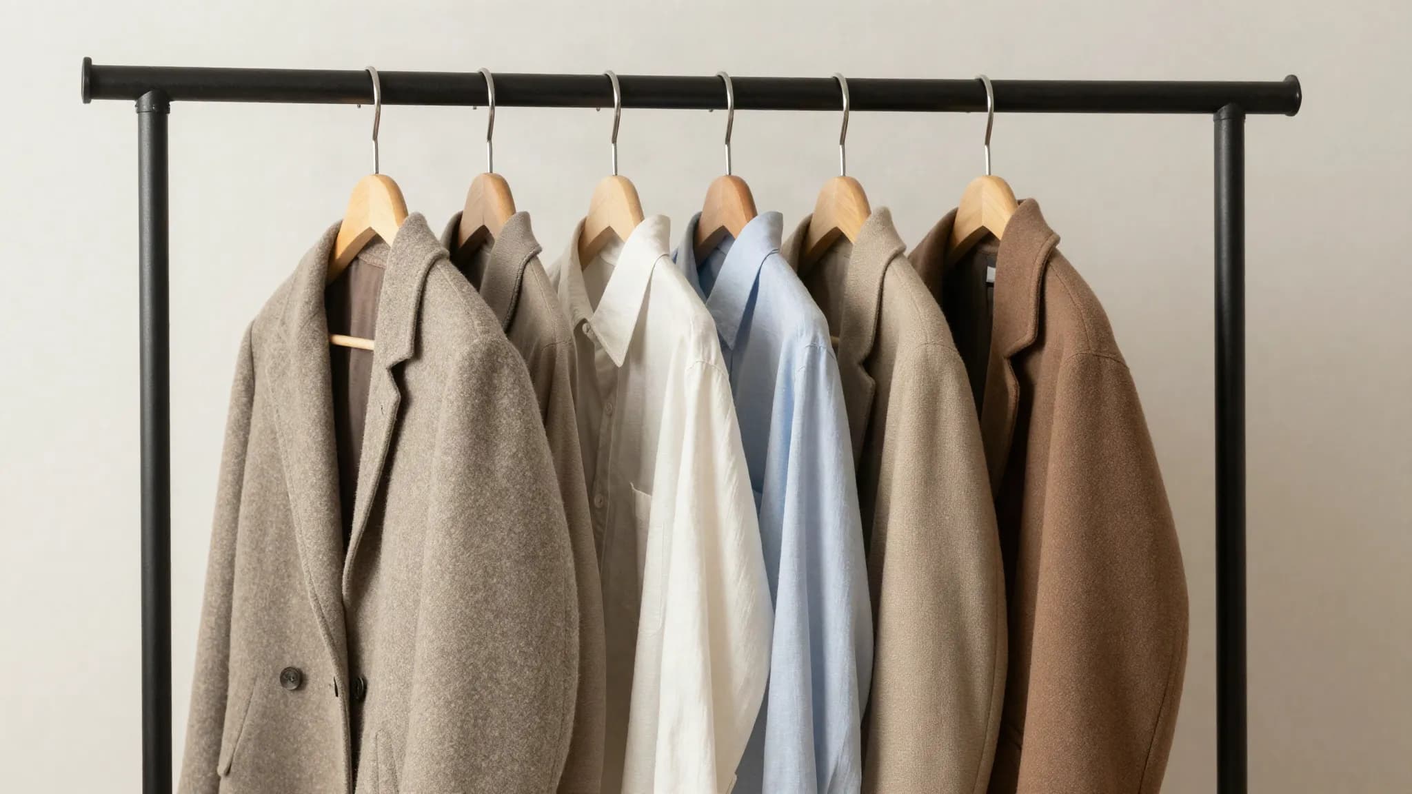 A short rail of well-made garments in neutral tones