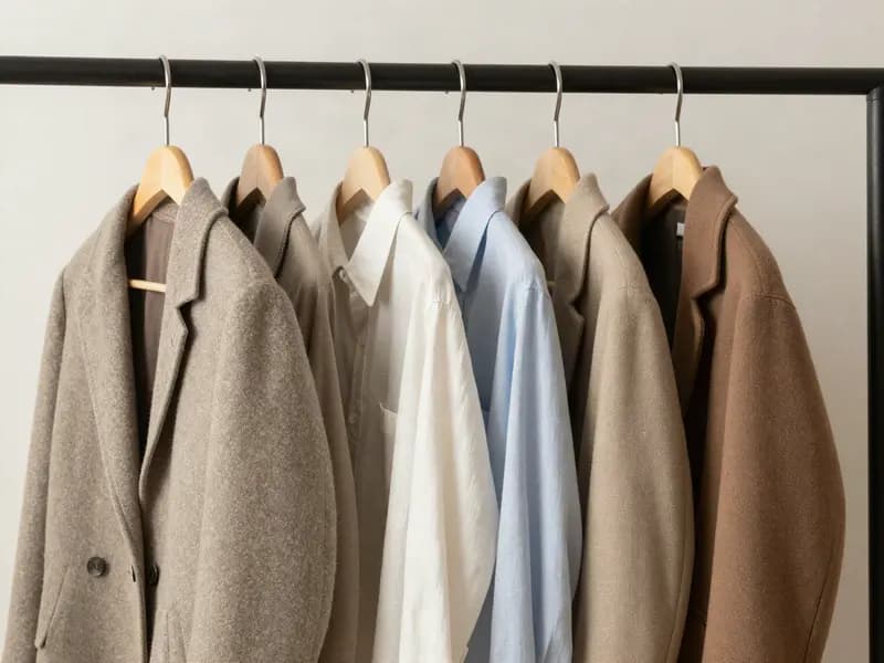 A short rail of well-made garments in neutral tones