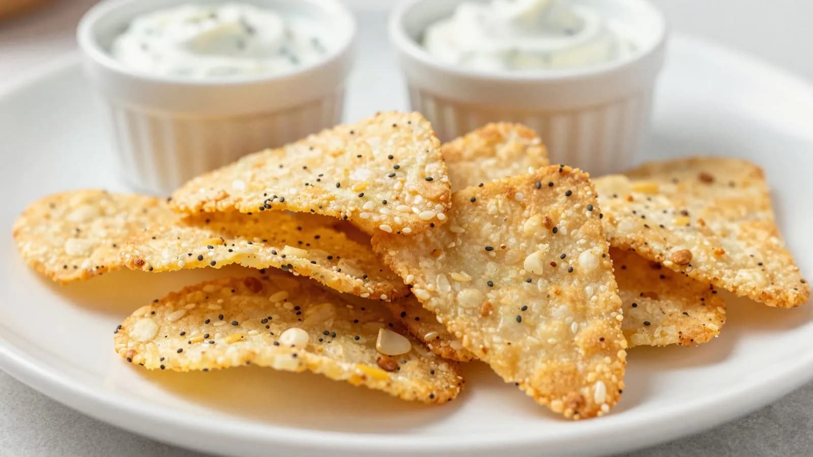 An AI-generated illustration of crispy golden cottage cheese chips topped with everything bagel seasoning on a small plate