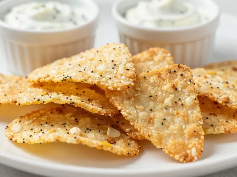 An AI-generated illustration of crispy golden cottage cheese chips topped with everything bagel seasoning on a small plate