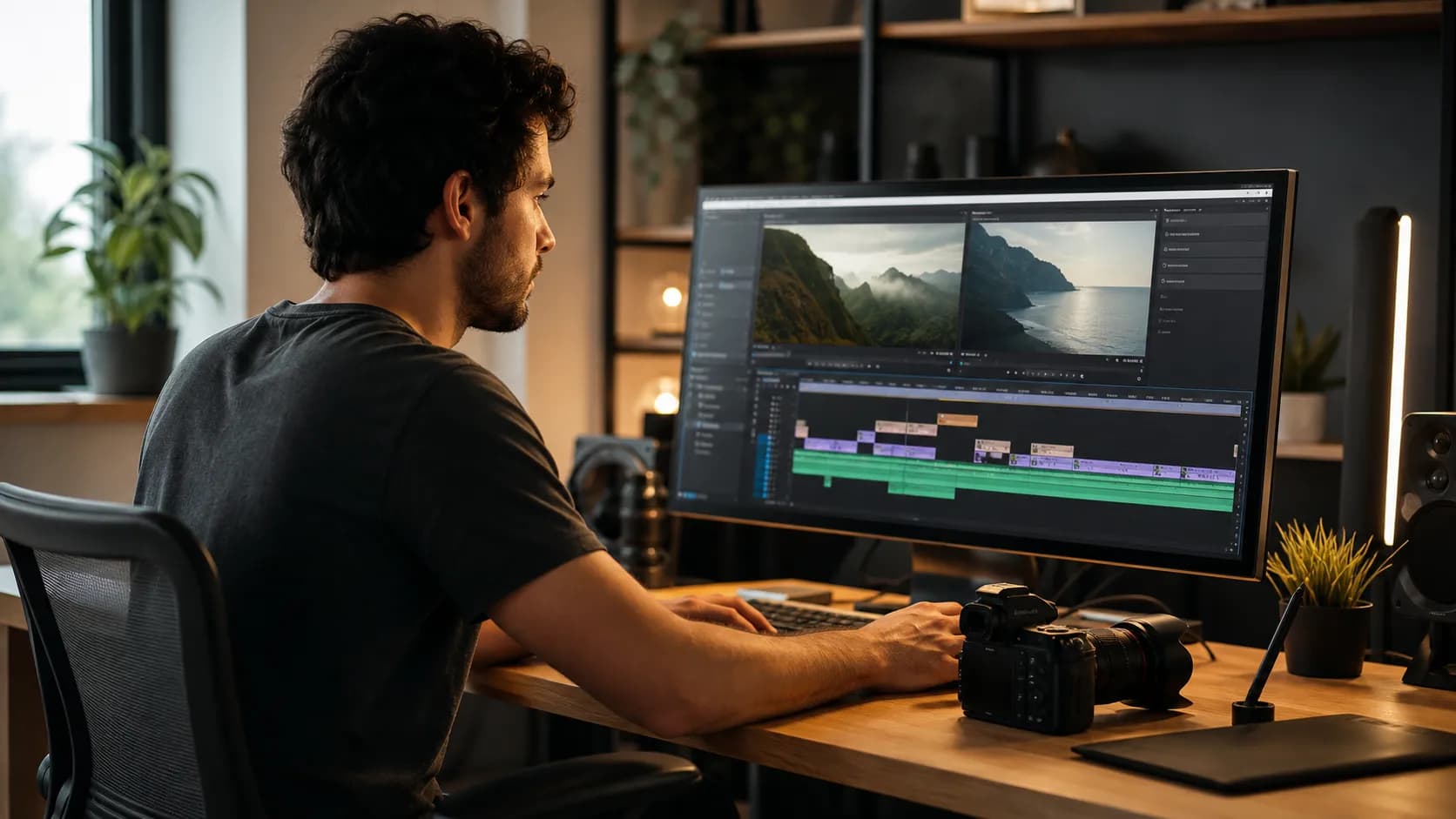 A creator editing digital content in a small studio