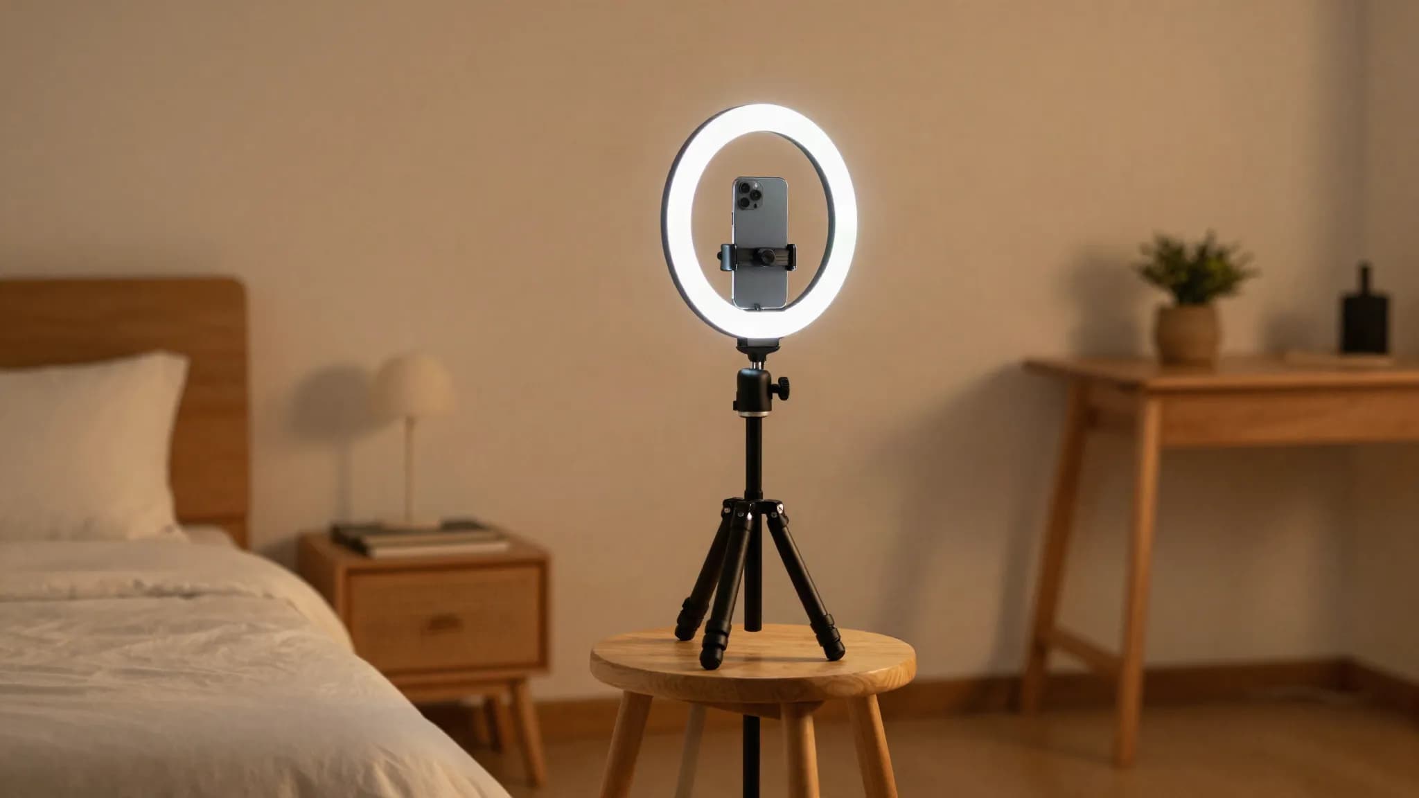 A phone on a tripod with a ring light facing an empty stool