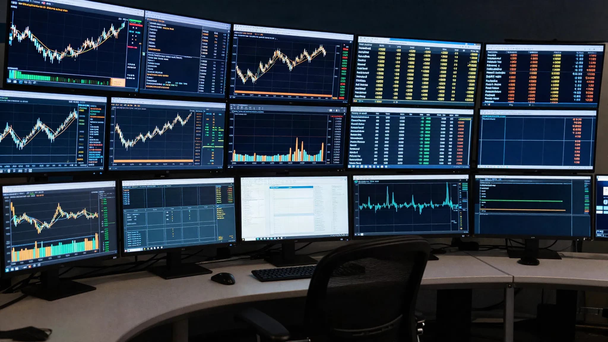 A trading desk at night with multiple chart monitors