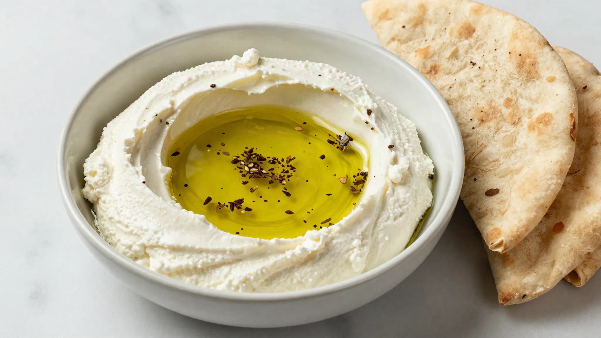 A bowl of thick white labneh with olive oil and za'atar