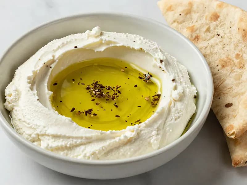 A bowl of thick white labneh with olive oil and za'atar