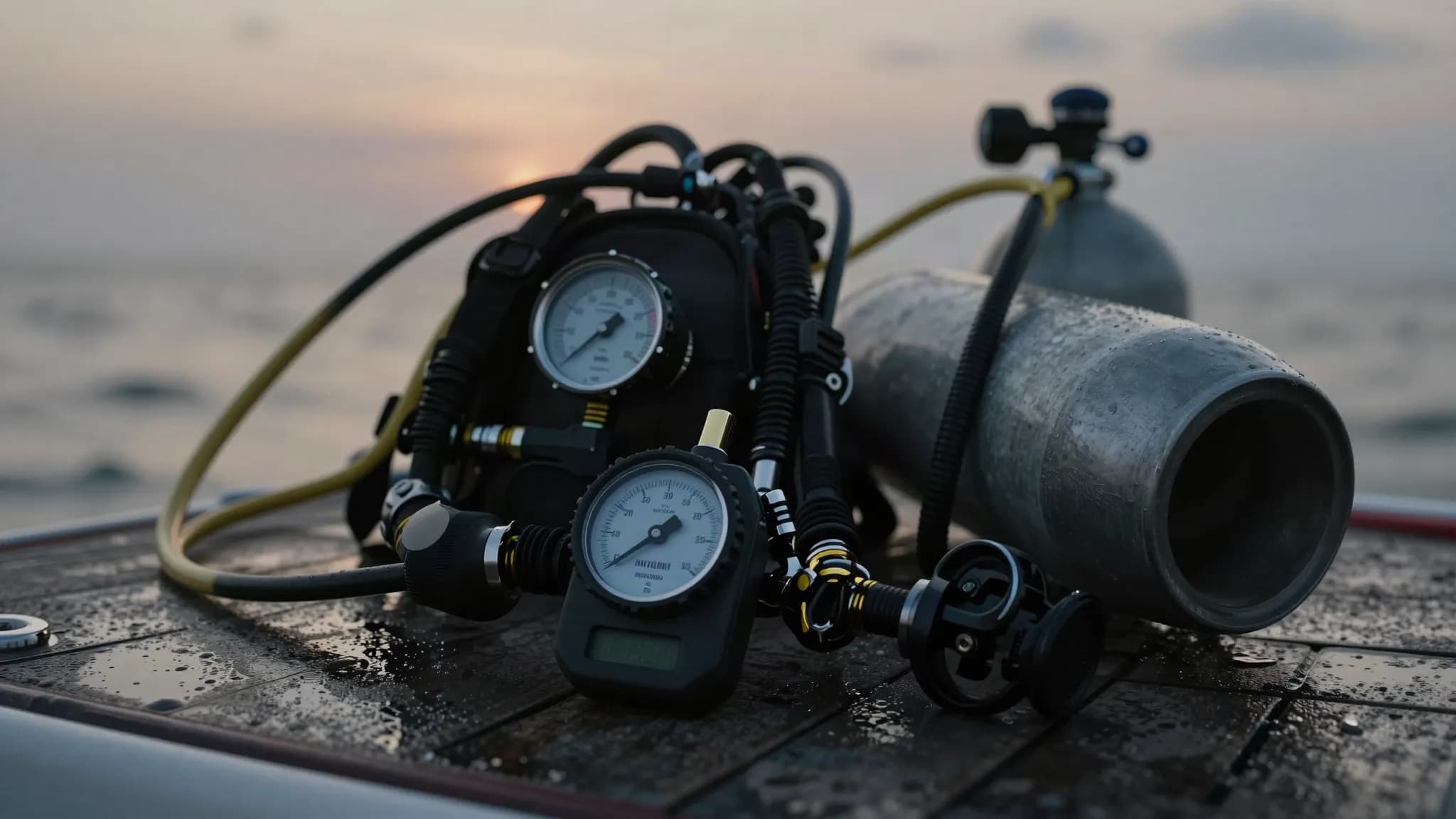 Dive equipment laid out on a boat deck at dusk