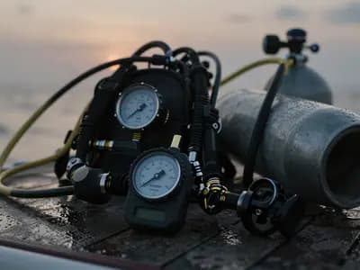 Dive equipment laid out on a boat deck at dusk